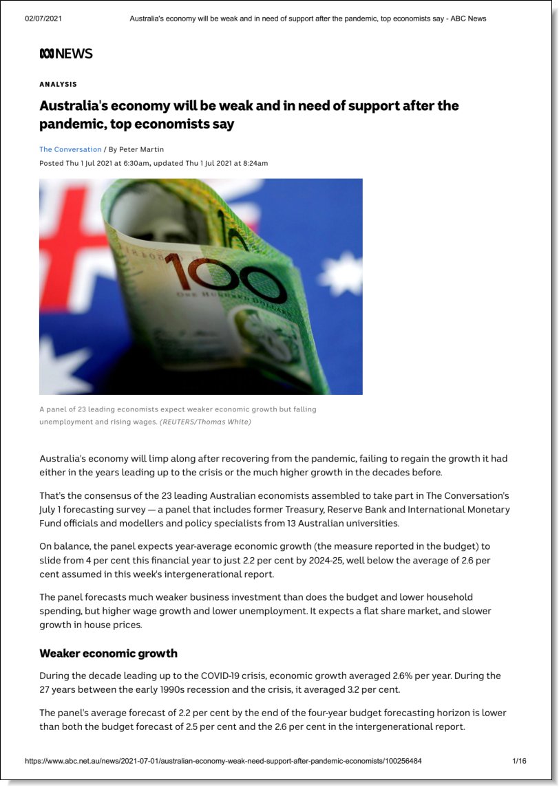 Australia's economy will be weak and in need of support after the pandemic, top economists say, ABC News, 1 July 2021