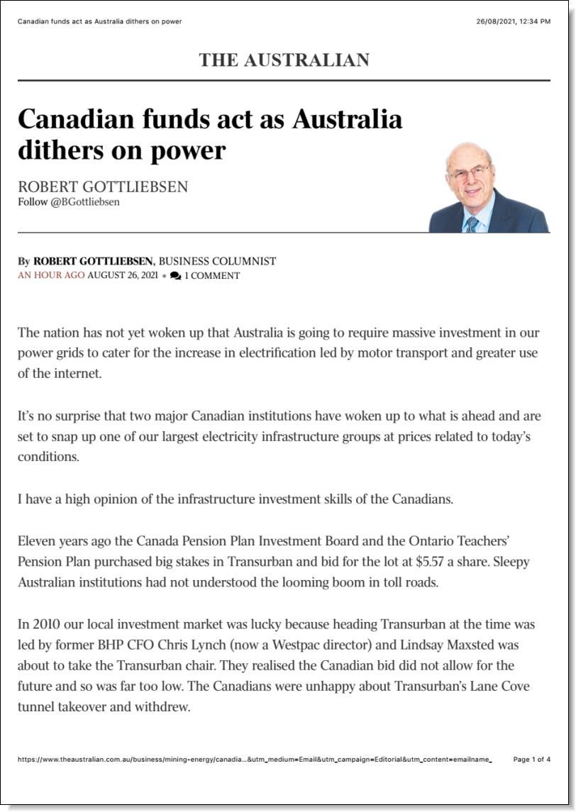 Canadian funds act as Australia dithers on power, Stephen Anthony in The Australian, 26 August 2021