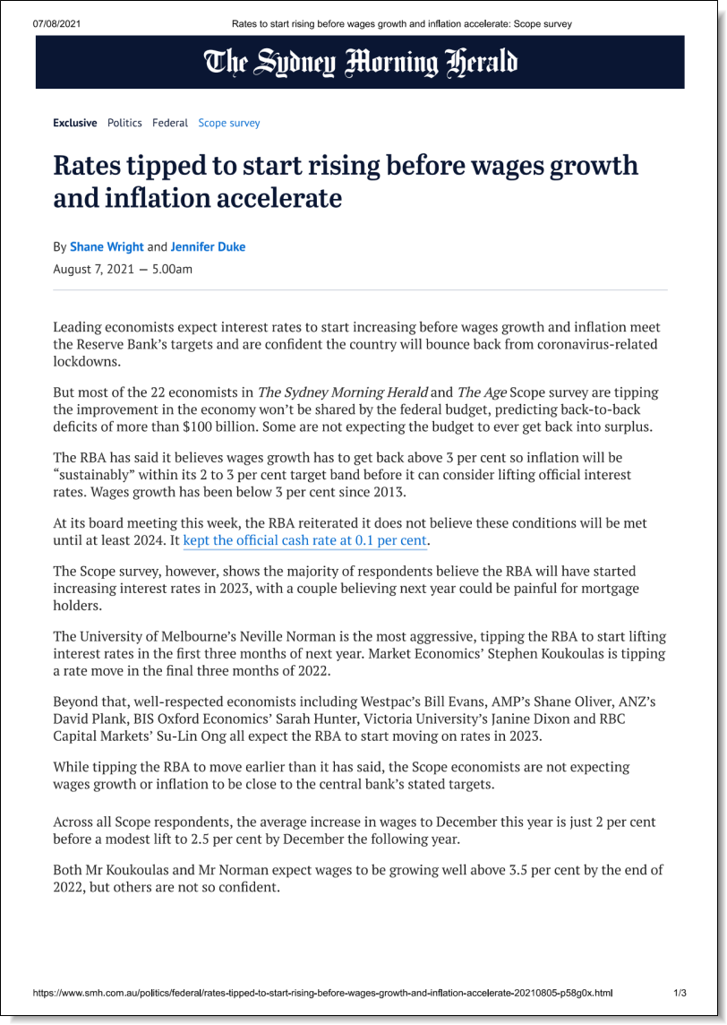 Rates tipped to start rising before wages growth and inflation accelerate, Stephen Anthony in the Sydney Morning Herald, 7 August 2021
