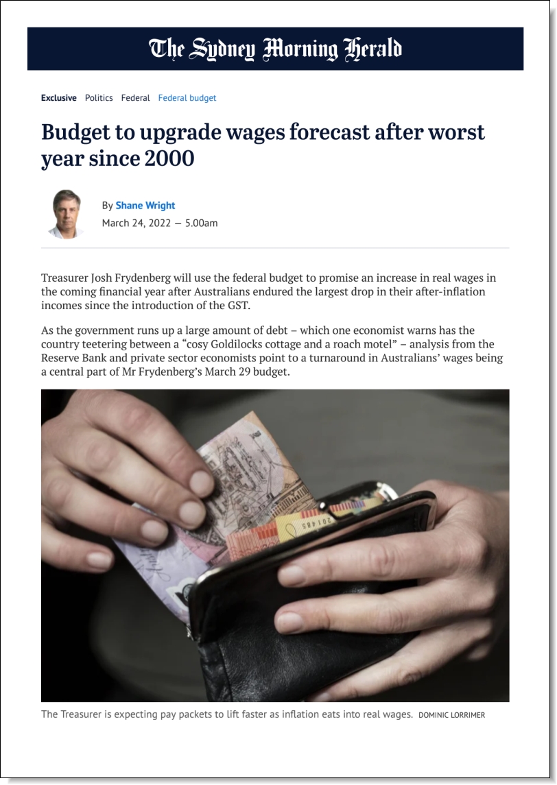 Budget to upgrade wages forecast after worst year since 2000, Stephen Anthony in The Sydney Morning Herald, 24 March 2022