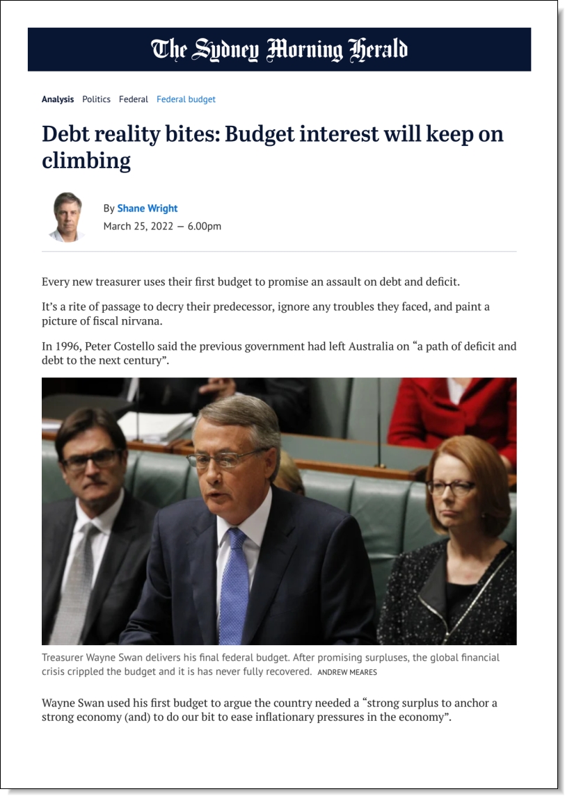 Debt reality bites: Budget interest will keep on climbing. Stephen Anthony in The Sydney Morning Herald, 25 March 2022
