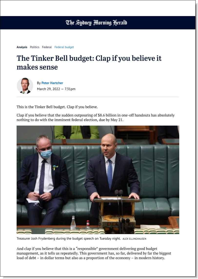 The Tinker Bell budget: Clap if you believe it makes sense, The Sydney Morning Herald, 29 March 2022