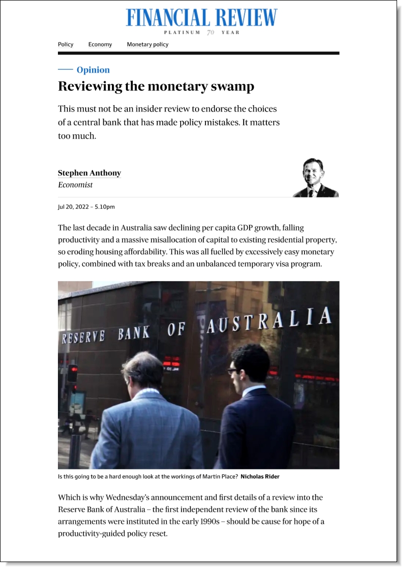 RBA inquiry: Reviewing the monetary swamp, Stephen Anthony in the Australian Financial Review, 20 July 2022