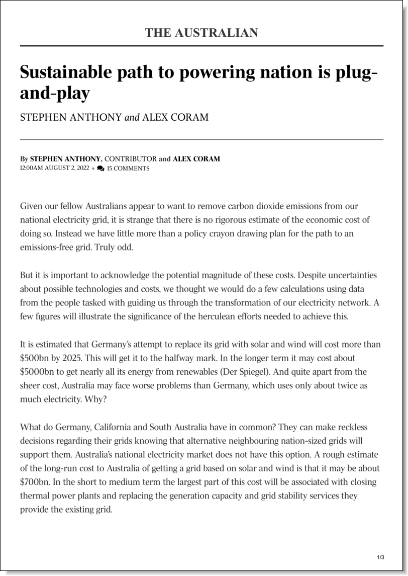 Sustainable path to powering nation is plug-and-play, Stephen Anthony and Alex Coram in The Australian, 2 August 2022
