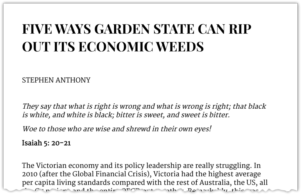 Five Ways Garden State Can Rip Out Its Economic Weeds, Stephen Anthony in The Australian, 7 September 2025